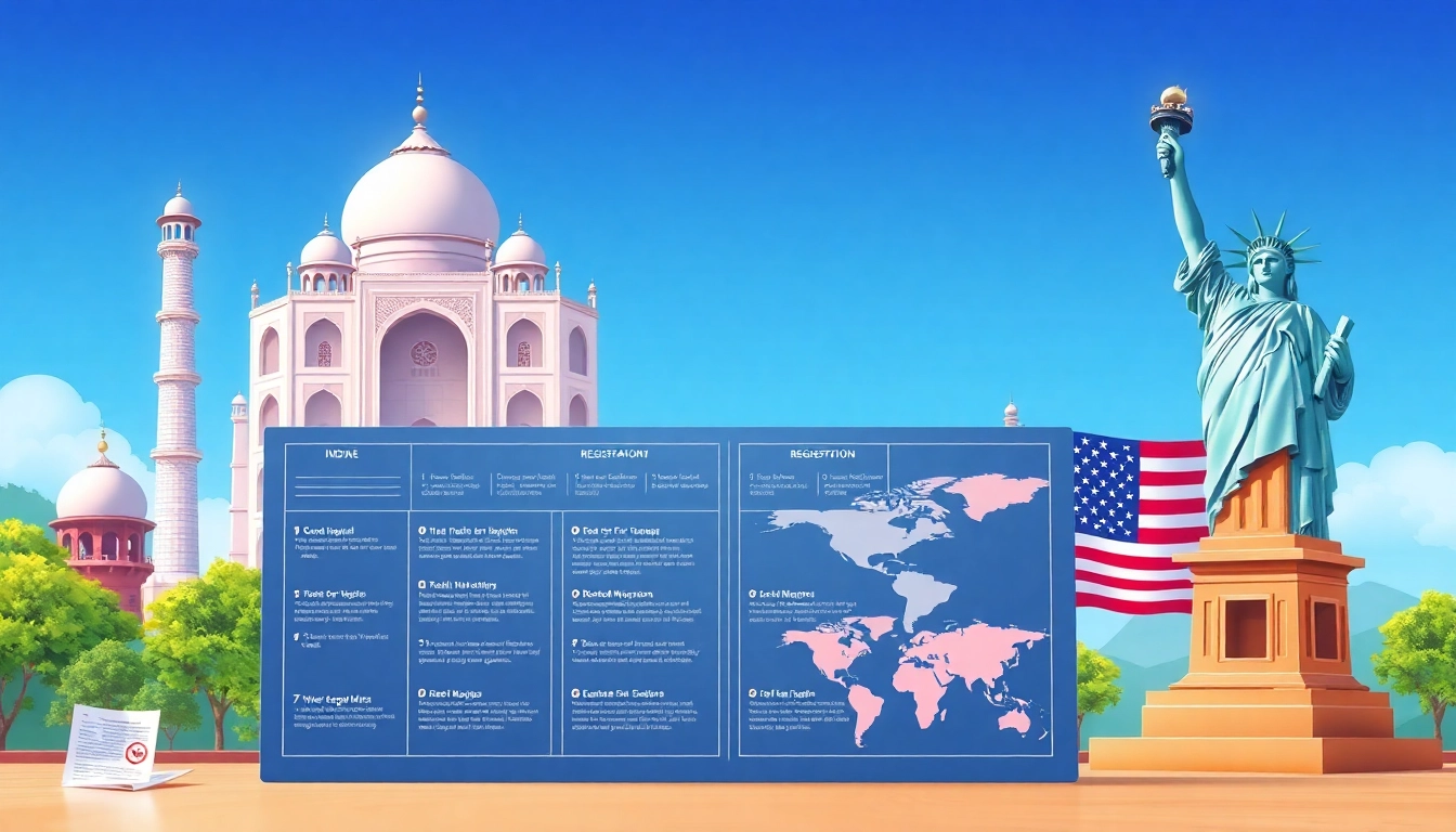 Visual representation of trademark registration in India and US showcasing legal processes and cultural distinctions.