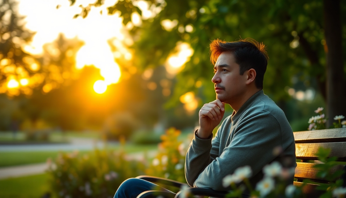 Individual reflecting on dealing with grief in a serene park setting at sunset.