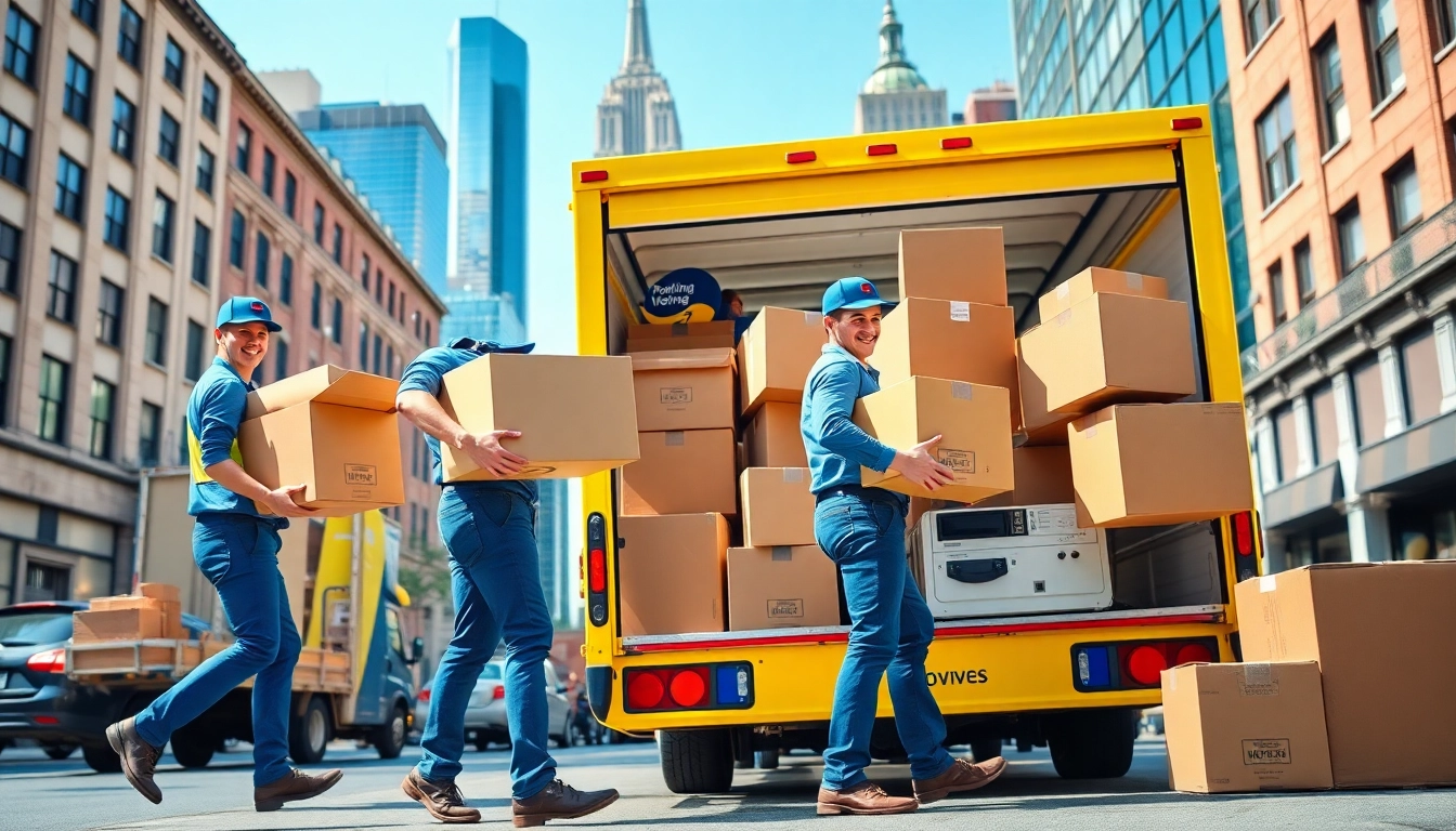 Hire cheap movers nyc expertly loading items in a vibrant NYC scene.