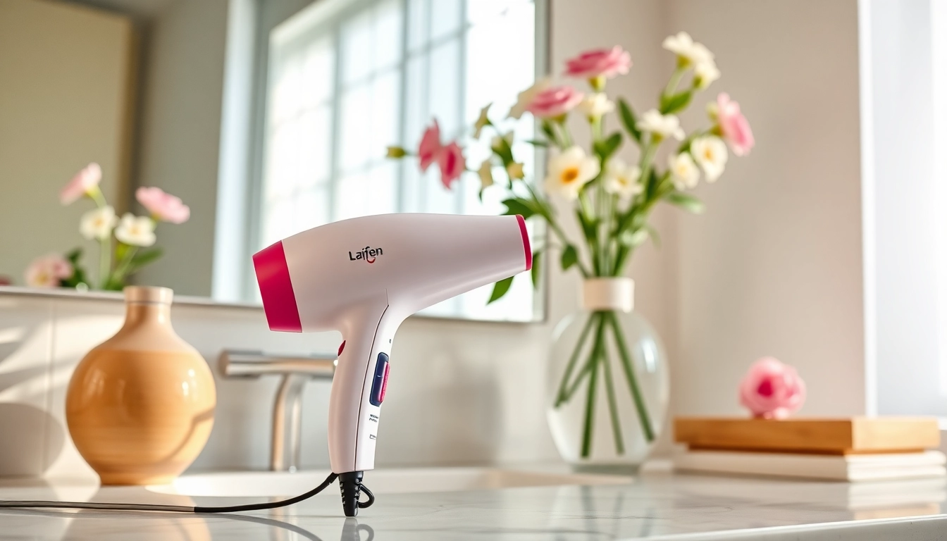 Laifen hair dryer elegantly styled on a bathroom counter, showcasing its sleek design and vibrant color.