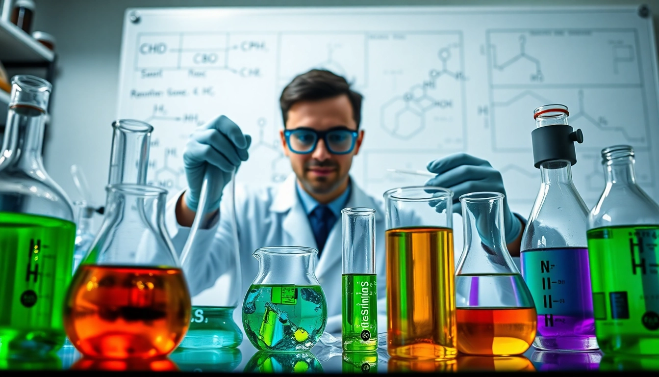 Chemist researching cbd synthetic in a vibrant laboratory, highlighting chemical analysis.