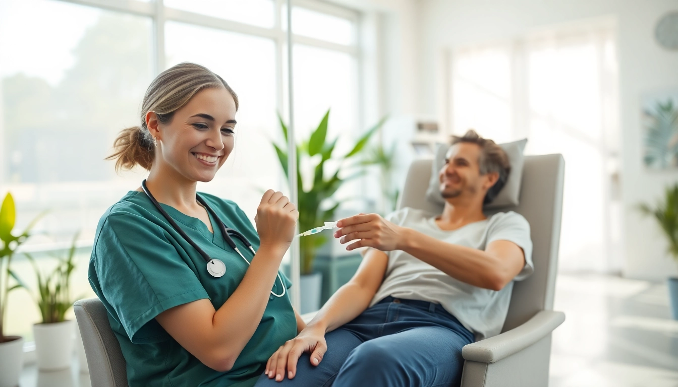 Healthcare provider administering iv infusion near me to a patient in a welcoming clinic environment.