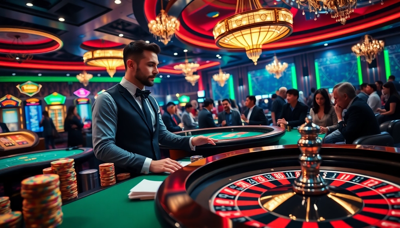 Engage with the lively atmosphere of TPower casino featuring professional dealers and vibrant gaming tables.