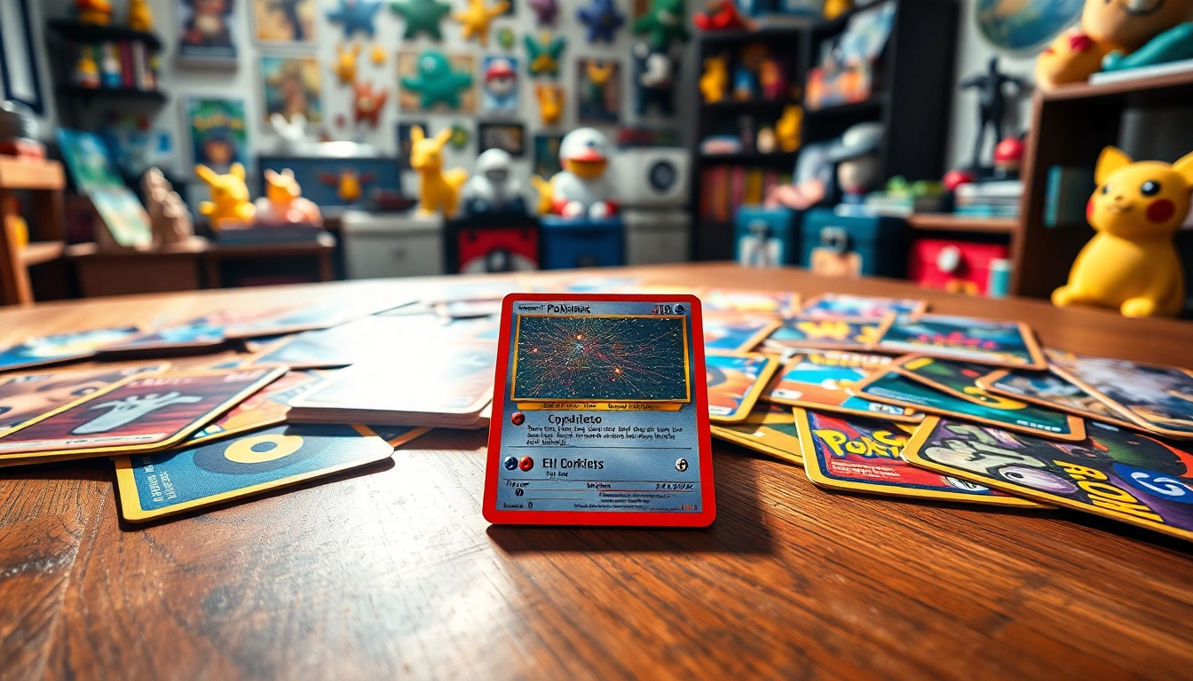 Showcase real Pokemon cards arranged on a table, highlighting their vibrant designs and collectible appeal.