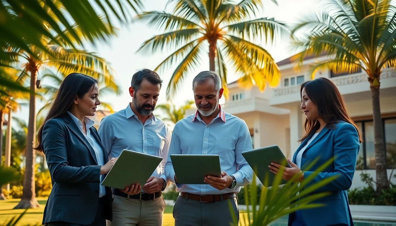 Enhance villa management with a professional team collaborating in a tropical estate setting.