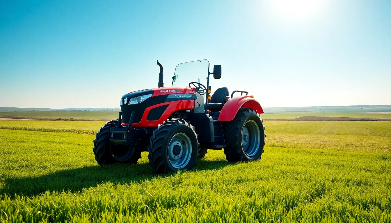 Massey Ferguson Traktor auf grünem Feld mit beeindruckender Aussicht.