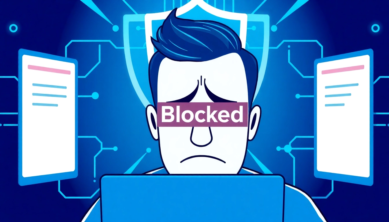 Frustrated user encountering an Inatogel block on the website with a security shield depicted.
