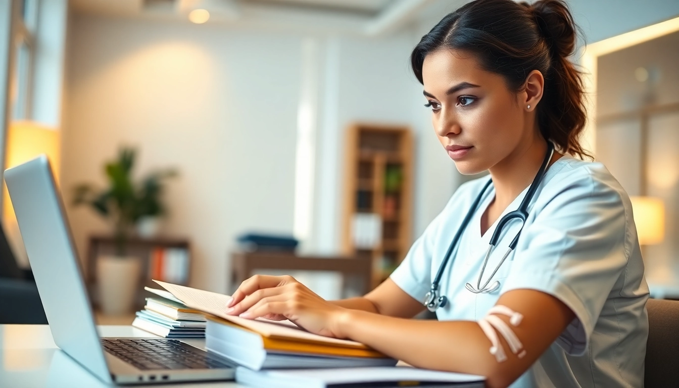 Engaged nurse focusing on completing rn ceus courses in a bright study environment.