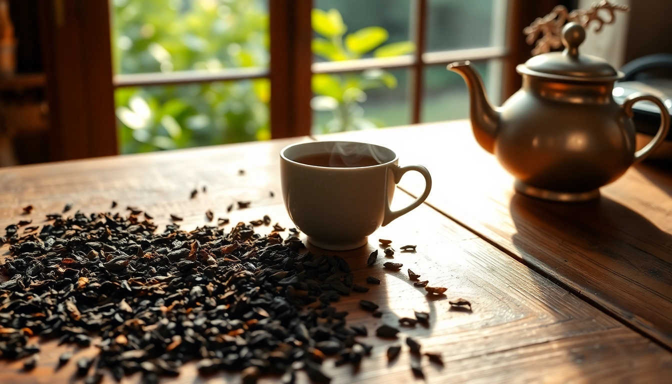 Brewing loose leaf black tea with steam rising from a teapot, highlighting the rich color and texture.