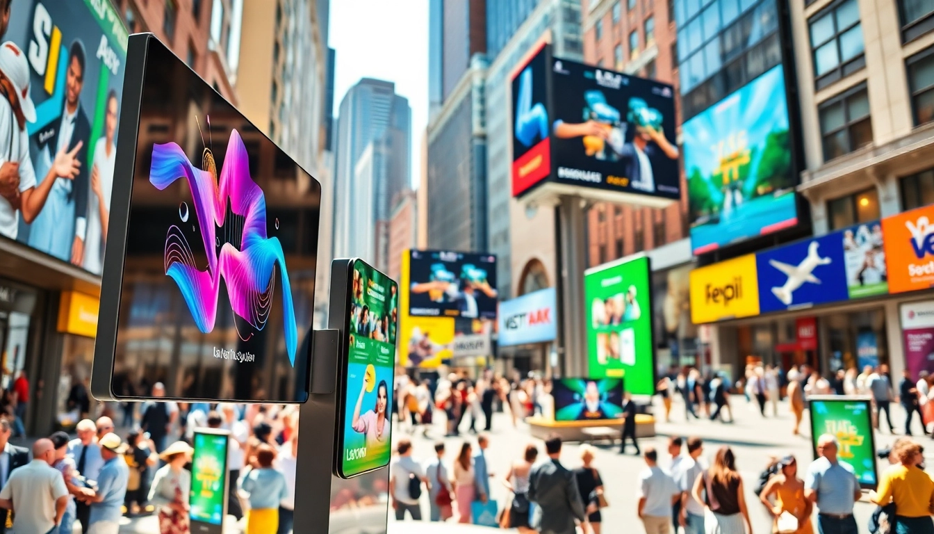 Engaging digital signage displaying dynamic content in an urban environment.