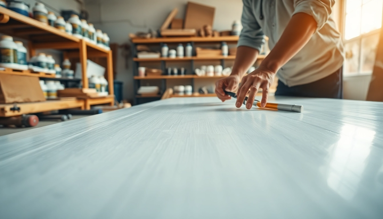 Applying laminating resin during fiberglass lay-up in a bright workshop setting.
