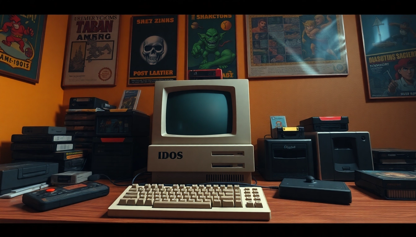 Play DOS games with a nostalgic gaming setup featuring retro equipment and warm lighting.