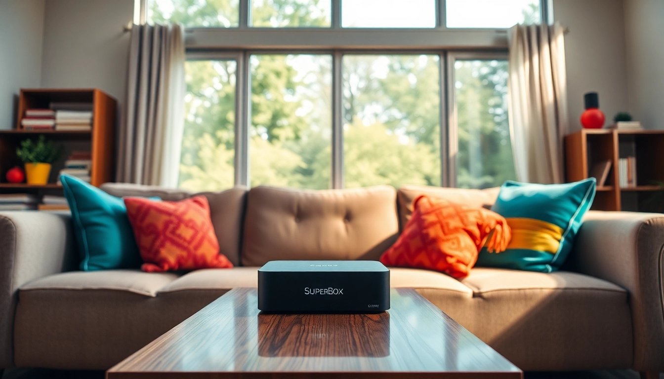 Showcase the SuperBox TV device in a stylish living room setting for home entertainment.