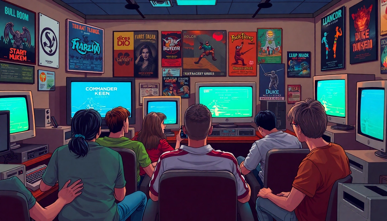 Engaged players enjoying classic DOS games in a vibrant gaming lounge atmosphere.