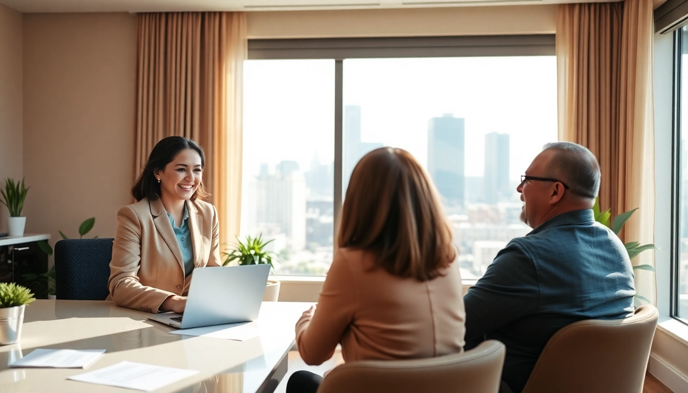 Sell my house fast okc with a professional real estate agent engaging clients in an elegant office.