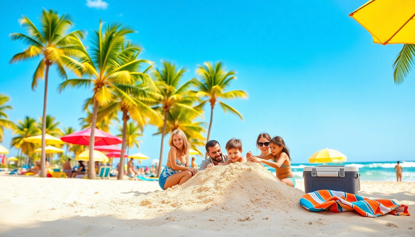 Enjoy summer travel at a vibrant beach filled with families and colorful umbrellas.