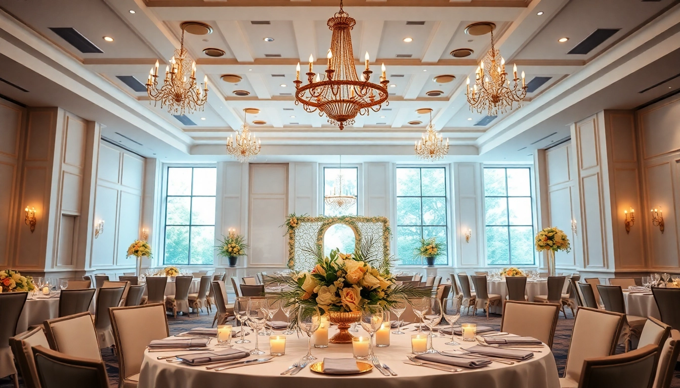 Showcase the elegant atmosphere of le prestige hall with beautifully arranged banquet setup.