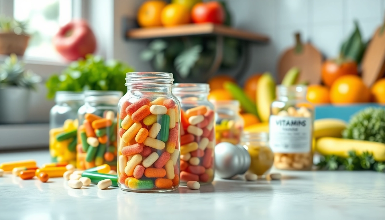 Vibrant vitamin boosters in jars on a countertop illustrating health benefits.
