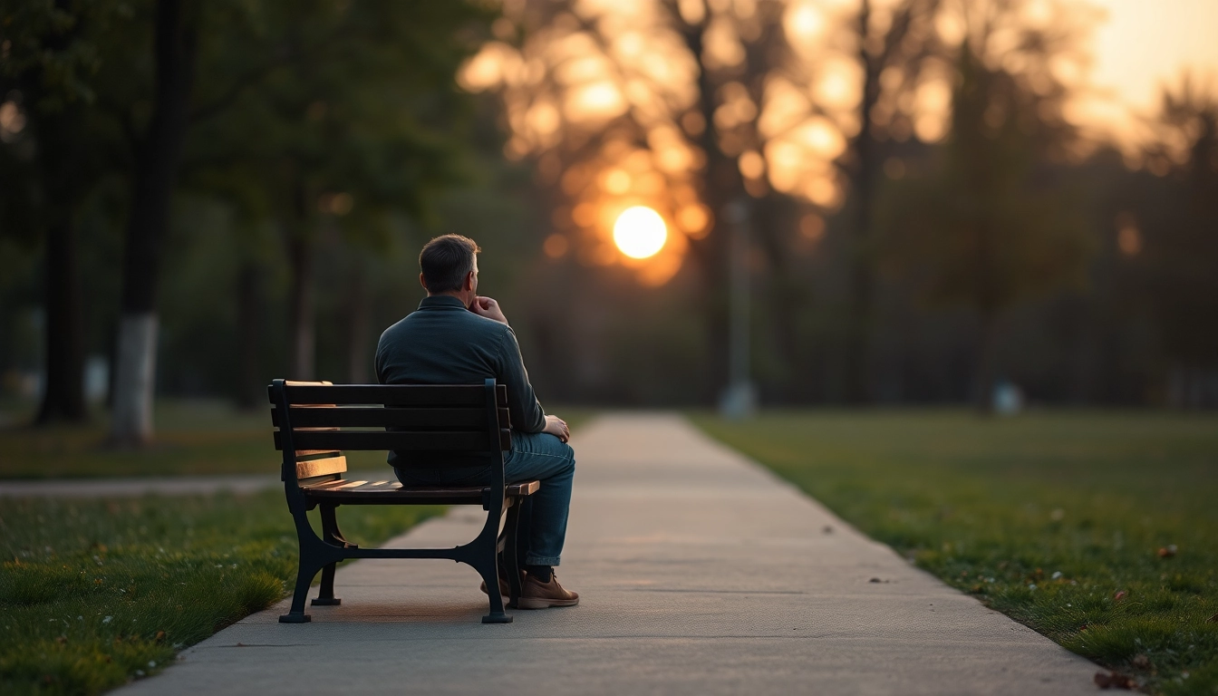 Person reflecting on a relationship breakup in a serene park setting, evoking emotion and introspection.