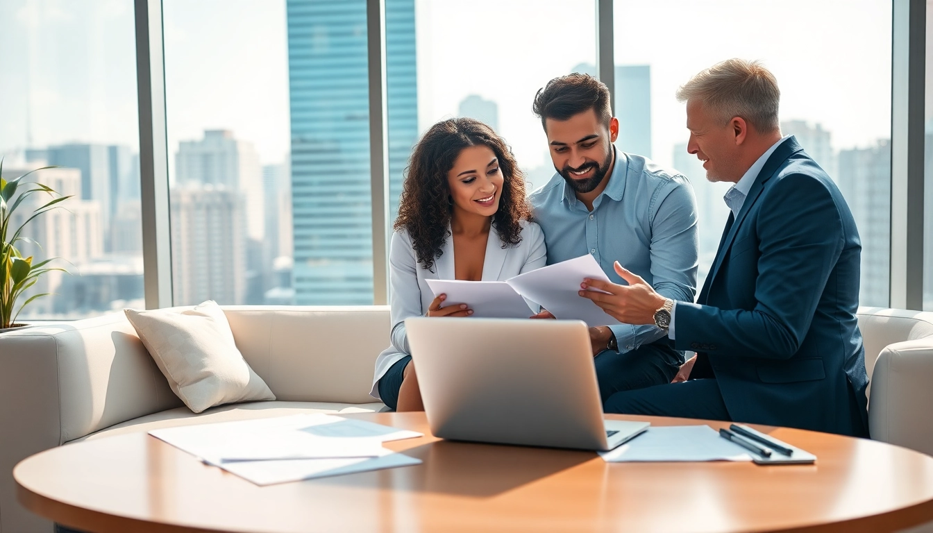 Tax preparer assisting clients with financial documents in a modern office