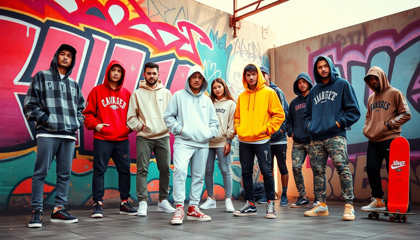 Stylish streetwear replica showcased by models against a vibrant urban backdrop.