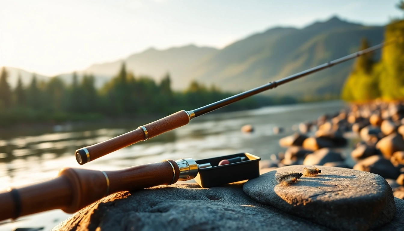 Engaging fly fishing kit showcasing a rod and tackle set by a tranquil riverbank at dawn.