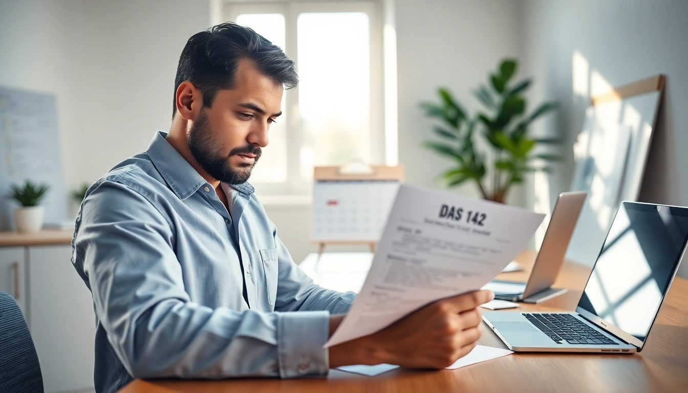 Contractor submitting the DAS 142 form in a professional office environment.