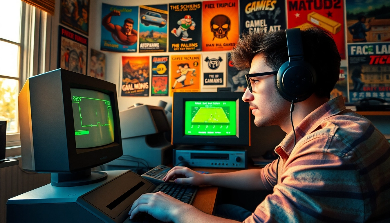 Engaged gamer plays DOS games on a vintage computer setup with retro posters.