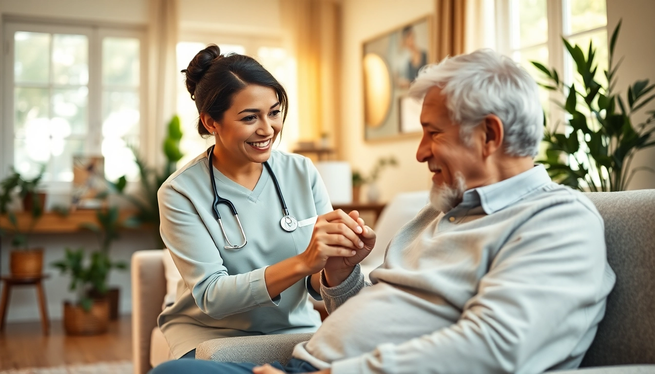 Caring moment in home care austin tx, with a caregiver supporting an elderly person in a vibrant, comforting environment.
