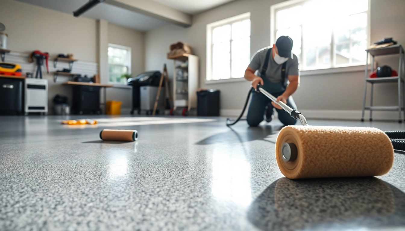 Applying Concrete Coating MN in a professional garage setting with detailed focus on the applicator.