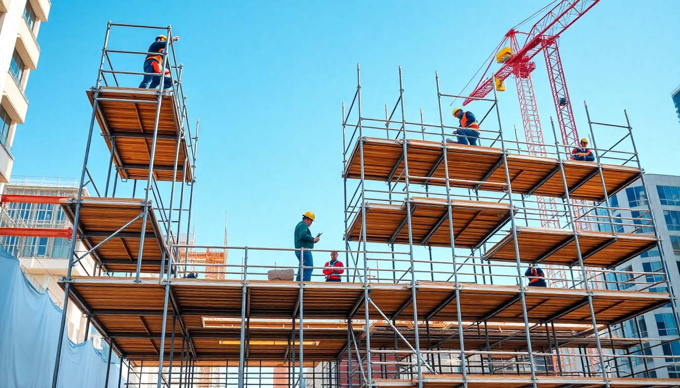 Whangarei scaffolding project showcasing a busy construction site with workers and detailed structures.