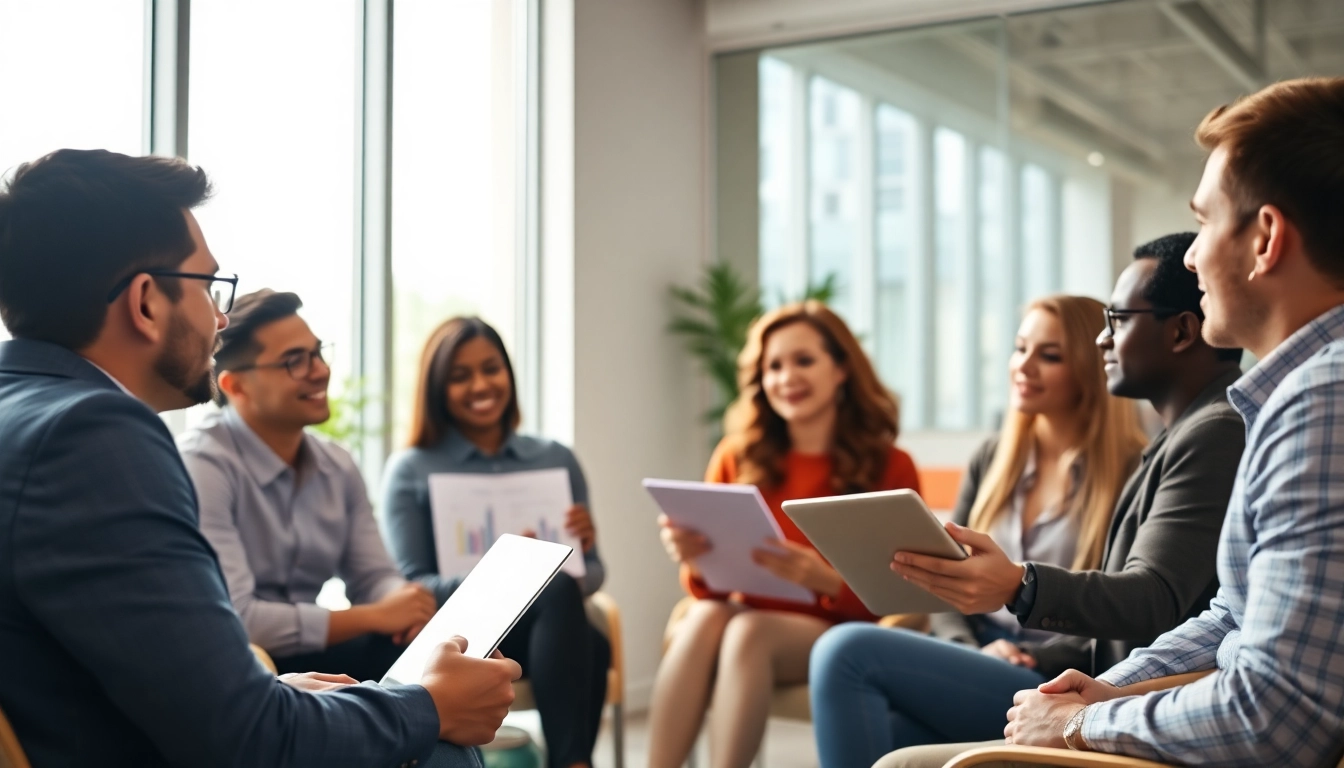 Engaged business coach los Angeles leading a dynamic team meeting in a bright office.