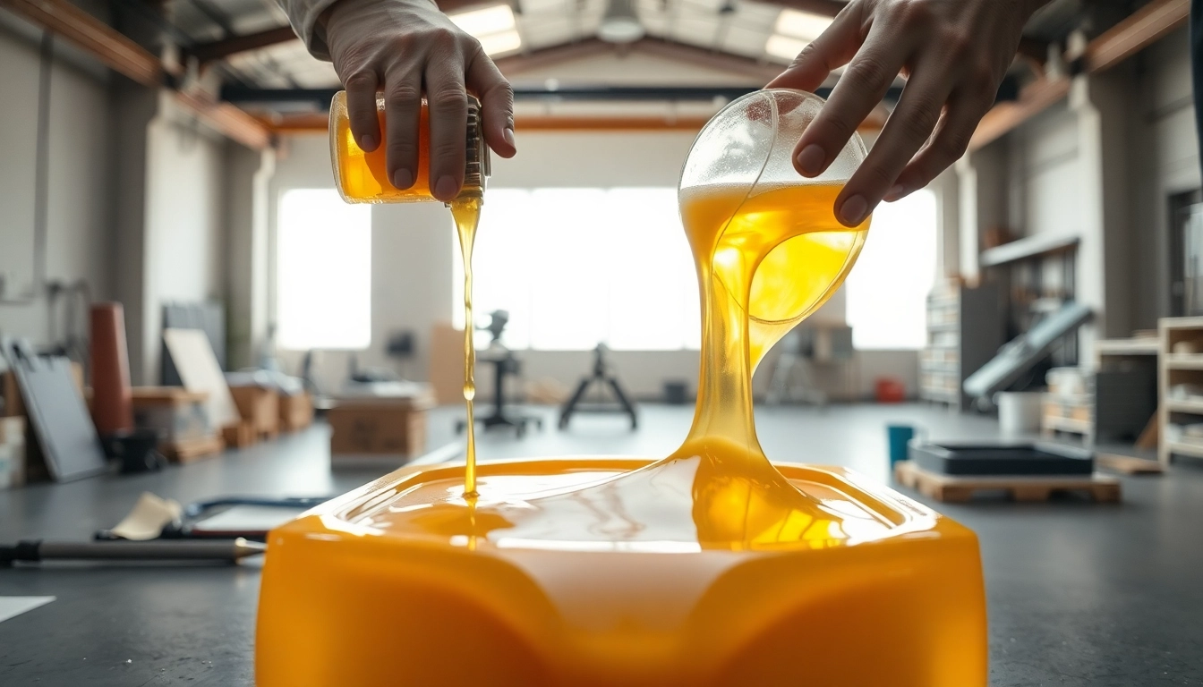 Pouring infusion resins into a mold in a professional workshop environment