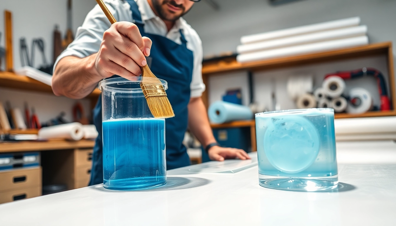Applying laminating resin to fiberglass in a bright workshop atmosphere.