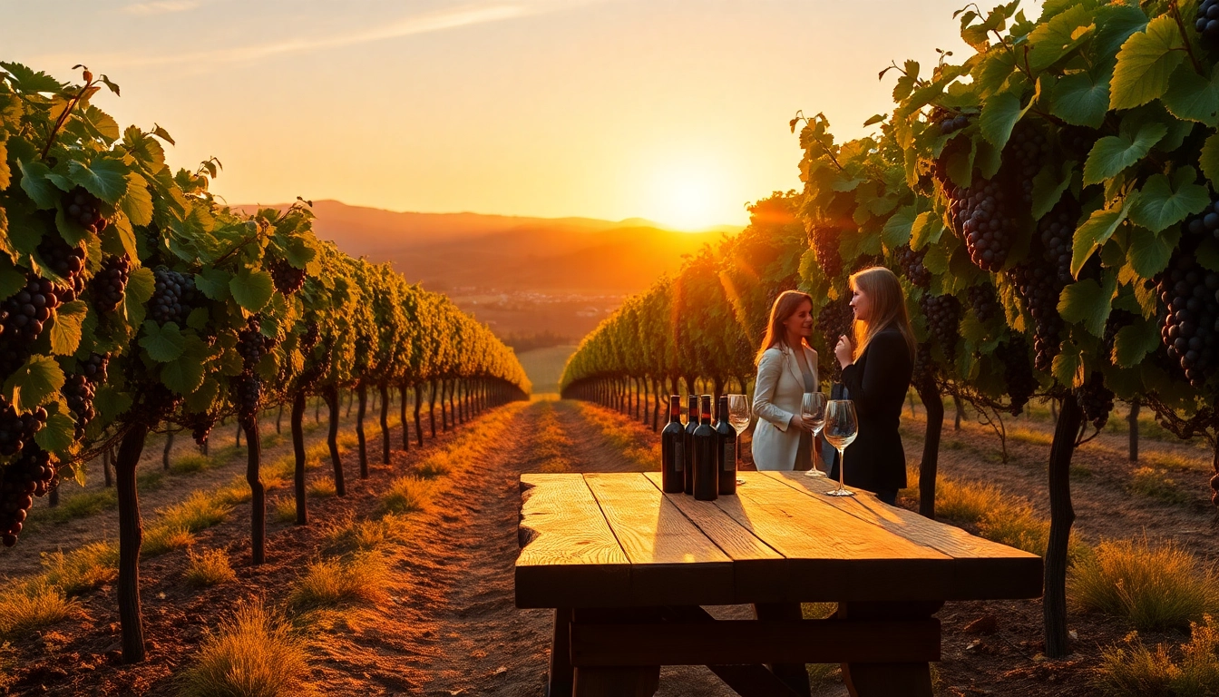 Enjoying Clarksburg wineries experience amidst beautiful vineyard scenery at sunset.