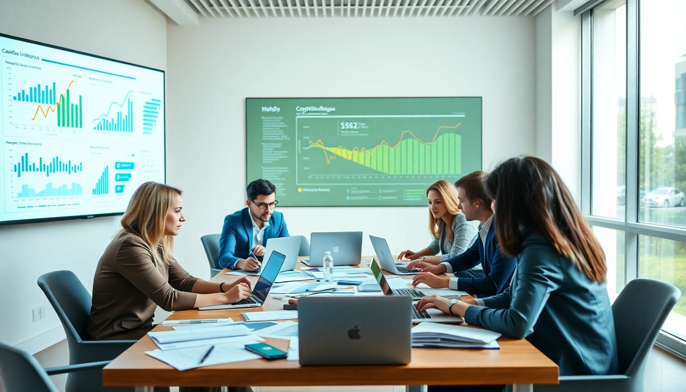 Team discussing competitive intelligence strategies at a business meeting with data-driven insights.