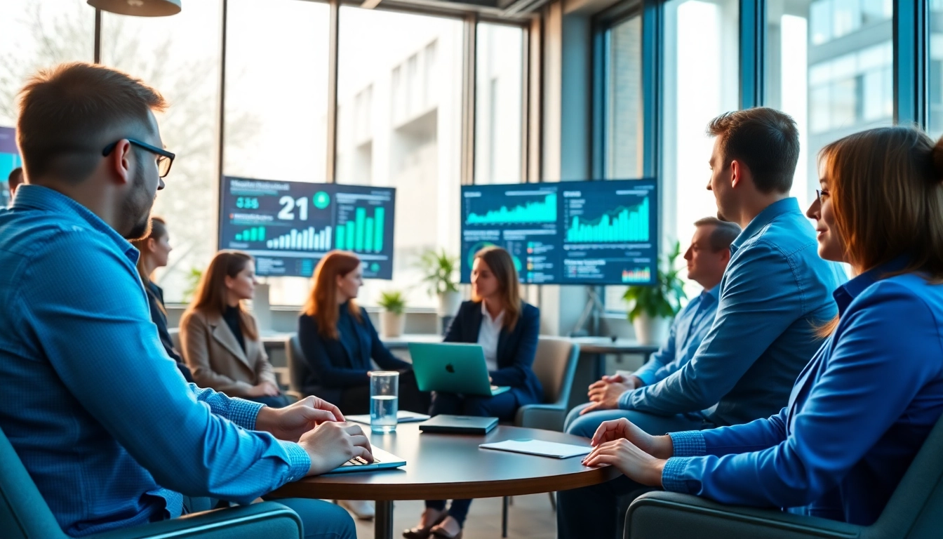 Collaborative team strategizing for an AI content marketing platform in a dynamic office environment.