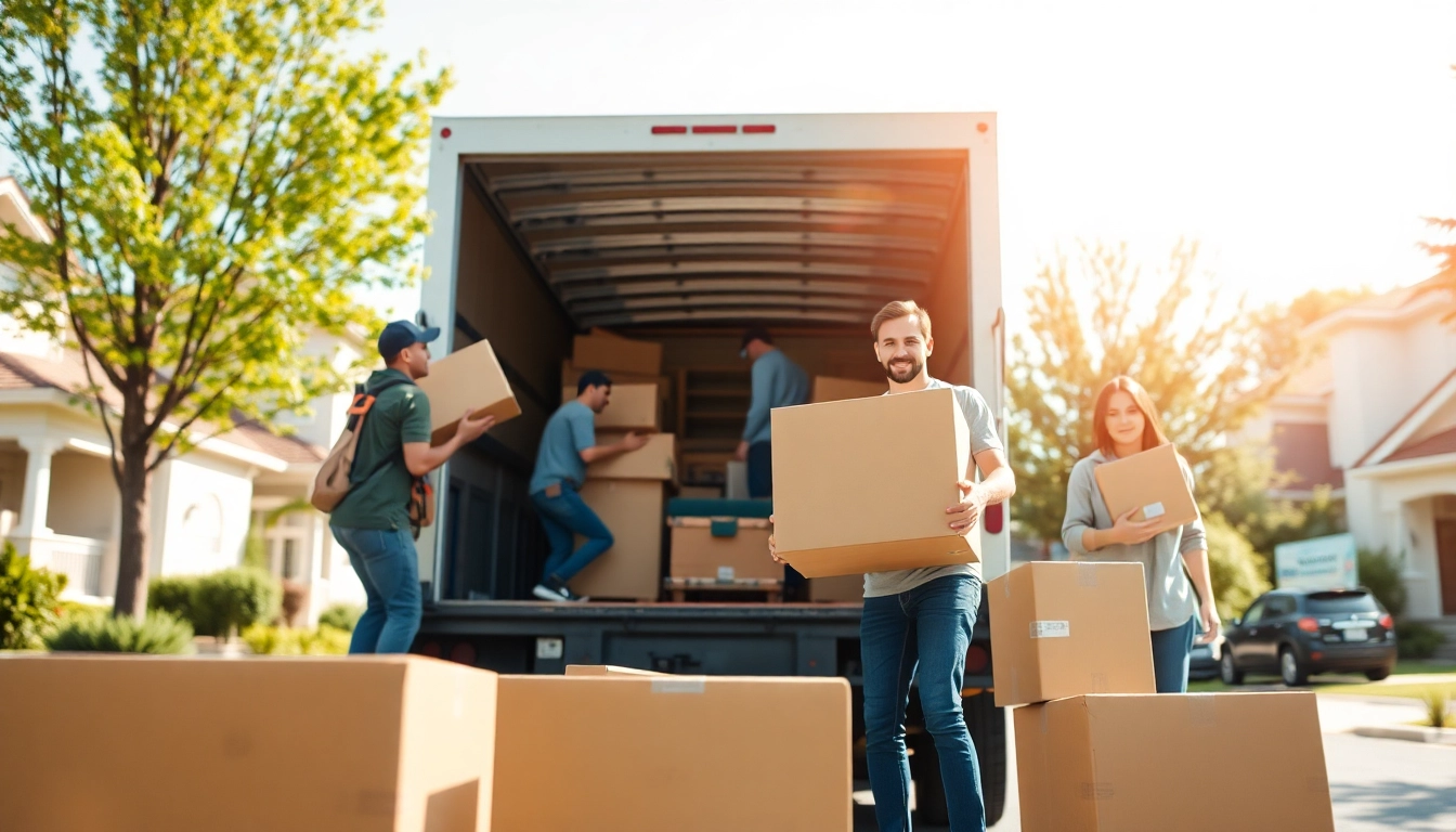Movers efficiently preparing for relocation services at https://bennettsmoving.com/ with a loaded truck in a sunny neighborhood.