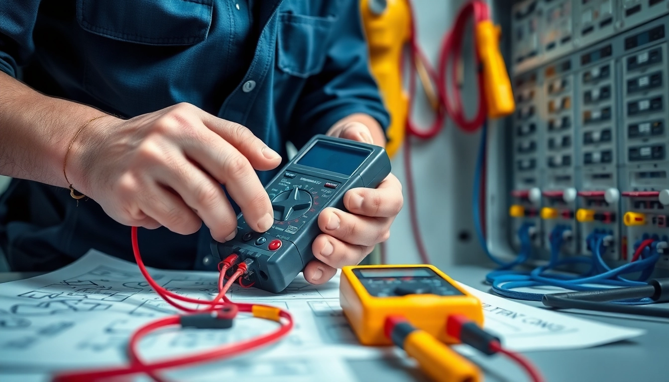 Electrician conducting Fixed Electrical Testing with precision in a well-equipped workspace.