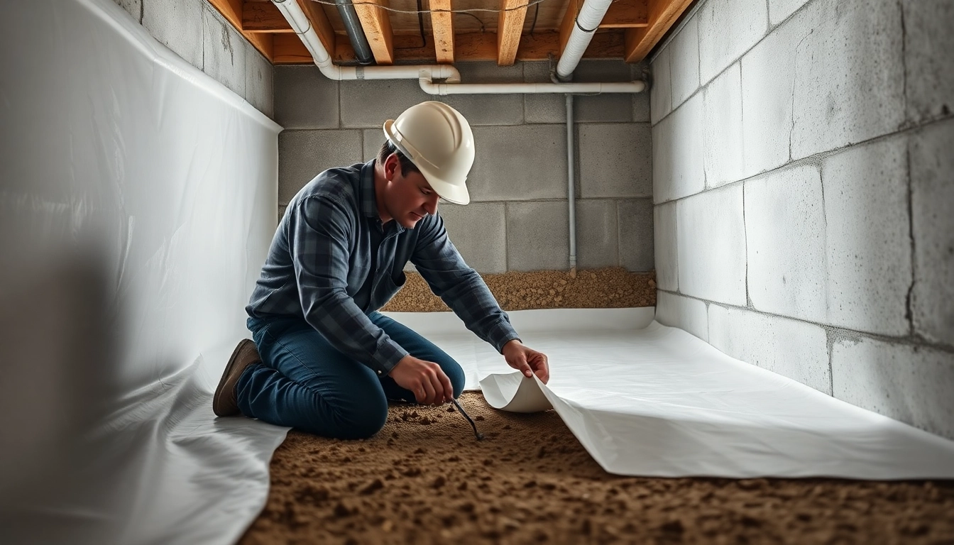 Crawl space encapsulation installation showing a contractor sealing a vapor barrier in a basement.