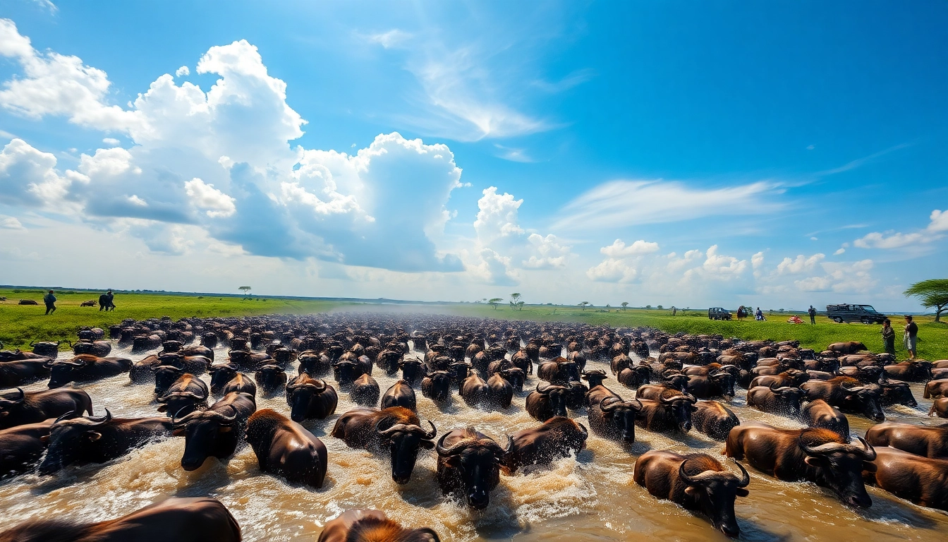 Witness a thrilling moment of the Serengeti Wildebeest Migration Safari as wildebeests thunder across the Mara River.