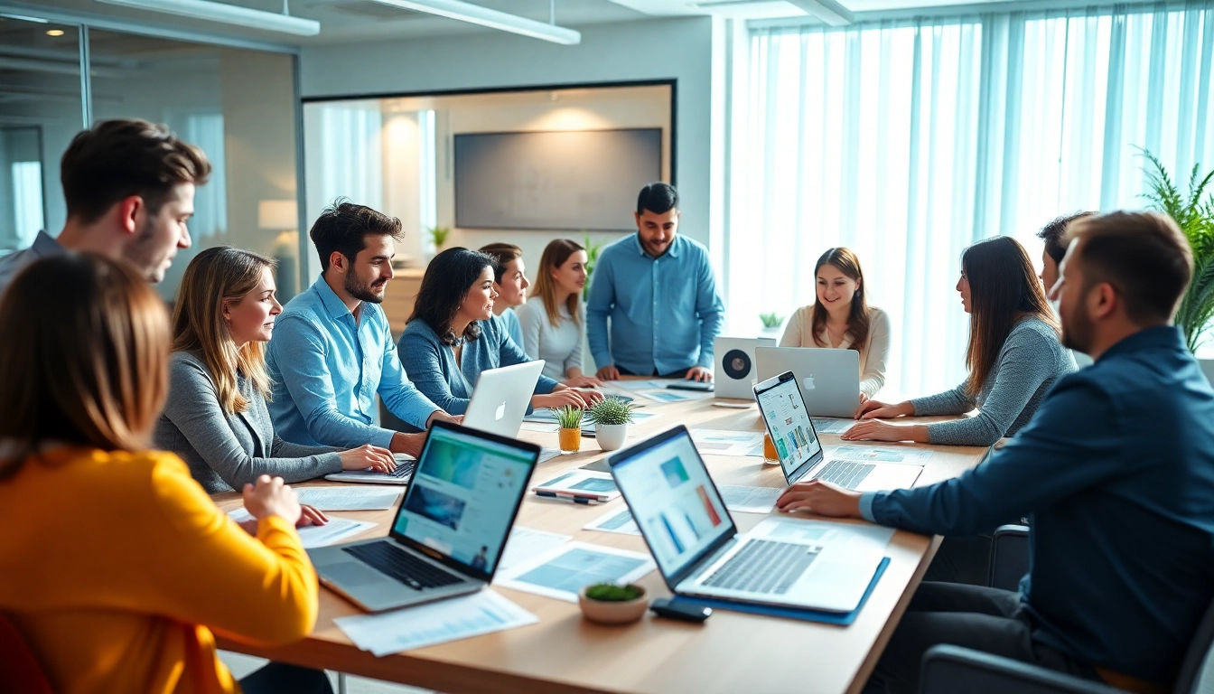 Illustrative example of website design with a creative team collaborating in a modern office.