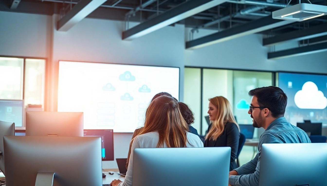 Enhance Cloud infrastructure and DevOps services collaboration with a diverse team in a modern office environment.