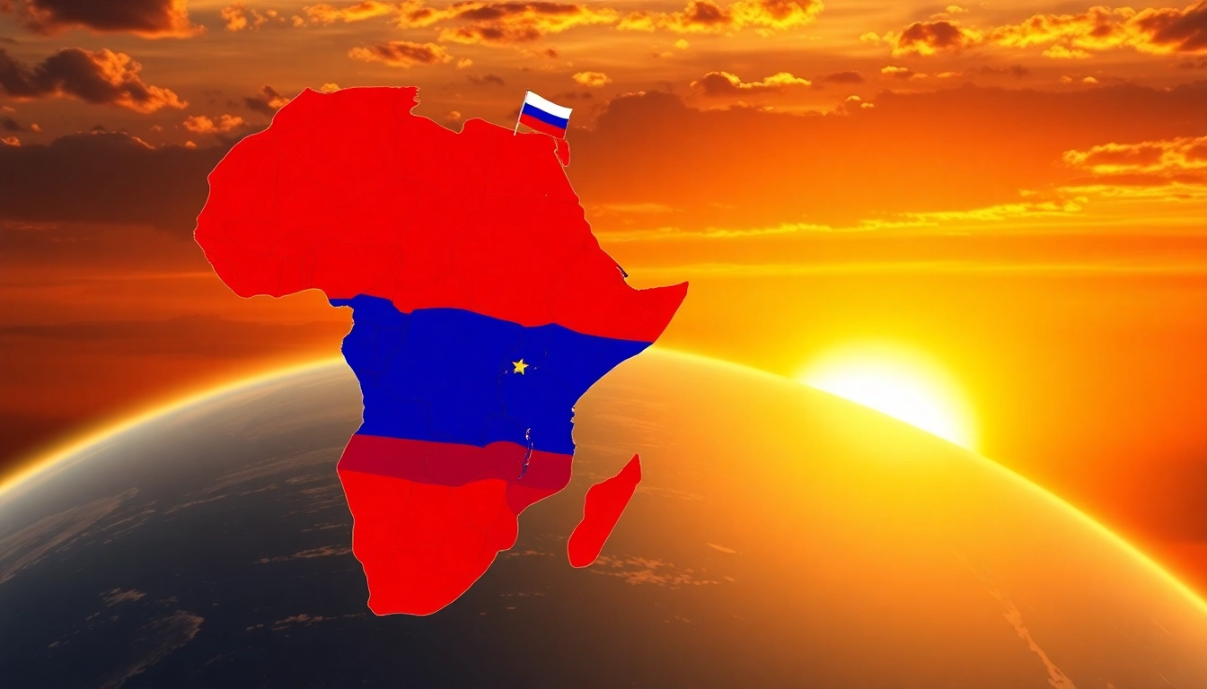 Illustrate Russian influence in Africa via symbolic diplomatic exchanges and African landscapes.