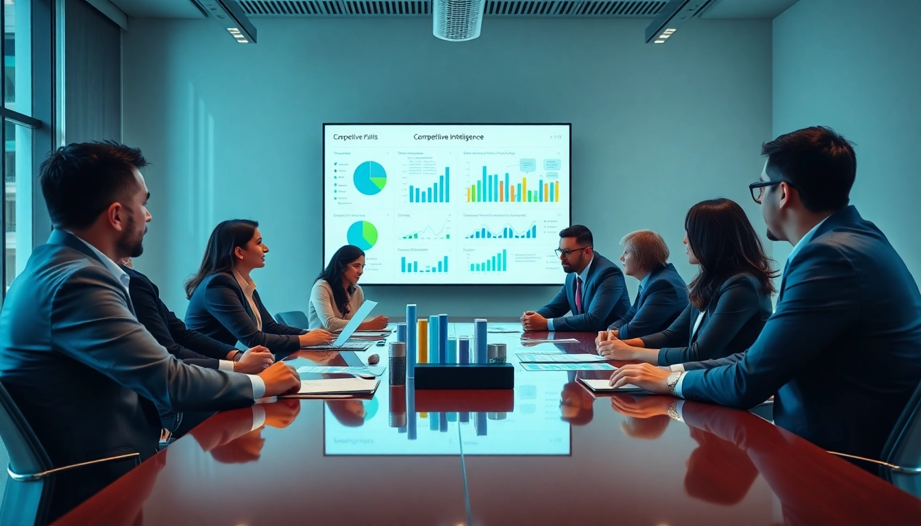 Analyze competitive intelligence strategies with business professionals collaborating around data insights.