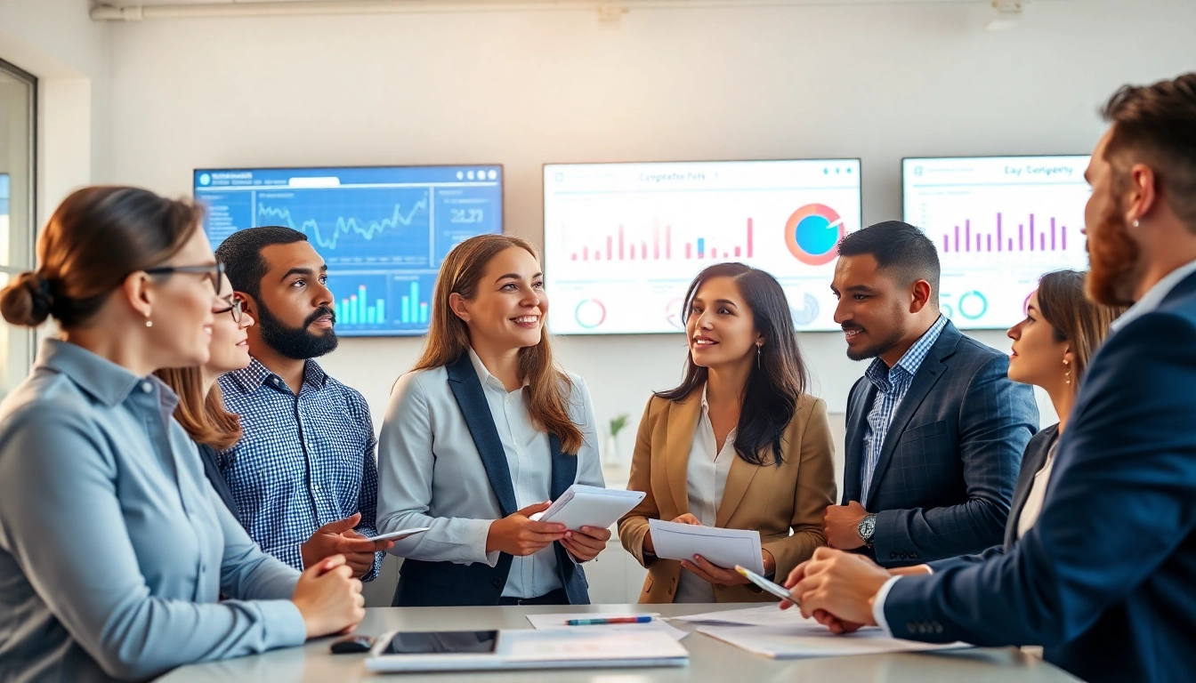 Using AI for competitive intelligence, a diverse team collaborates in a modern office with data displays.