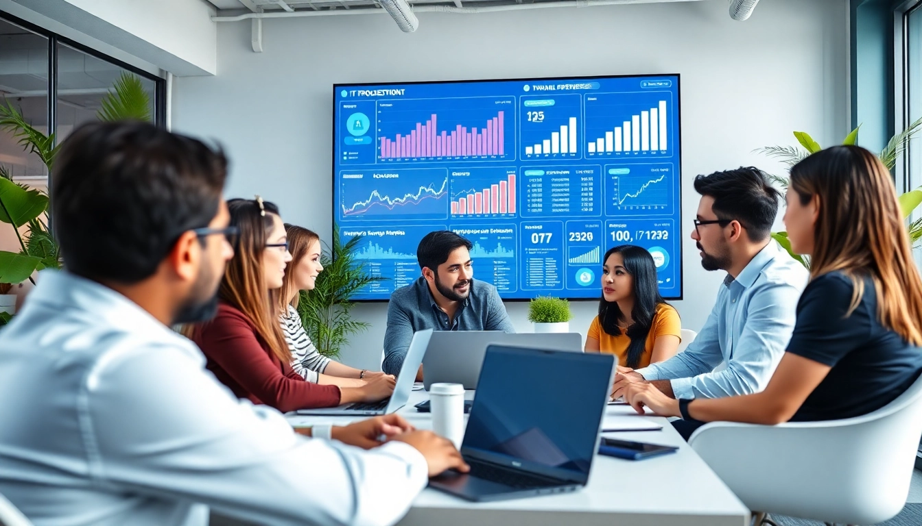 Team of managed IT provider experts engaged in collaboration, showcasing a vibrant office atmosphere.