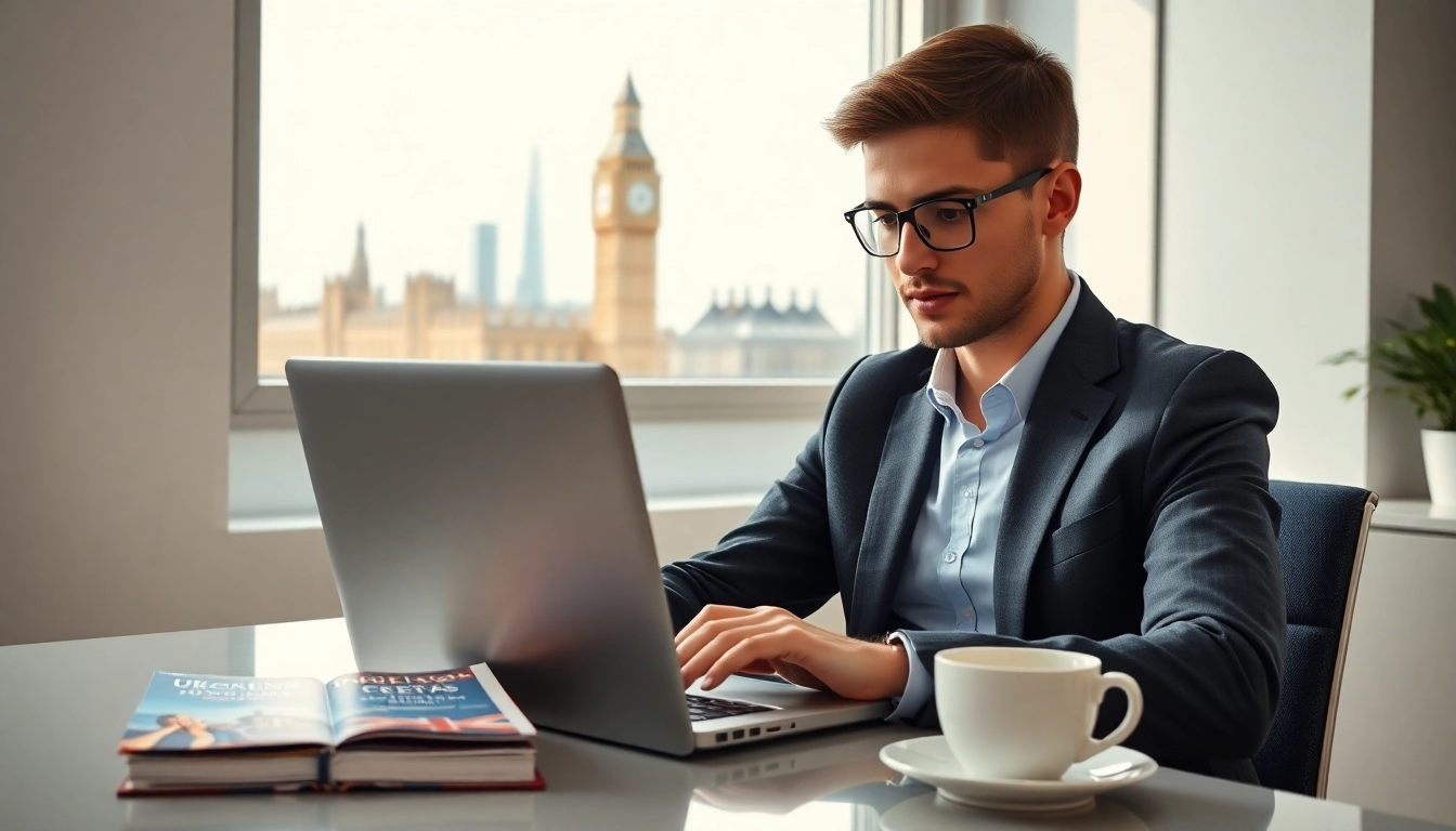 Apply for UK ETA online application in a bright office environment with a focused traveler.