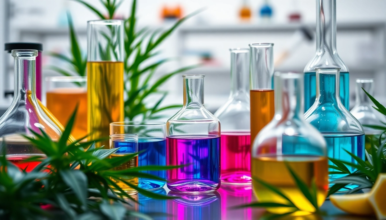 Synthetic Cannabinoids showcased in a laboratory setting with colorful liquids and plants.