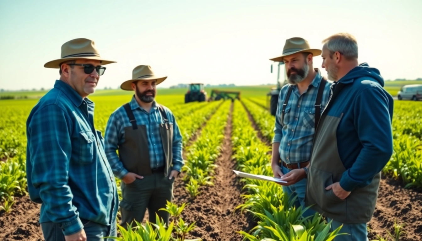 Farmers engaging in a discussion about agriculture law amidst a verdant landscape.